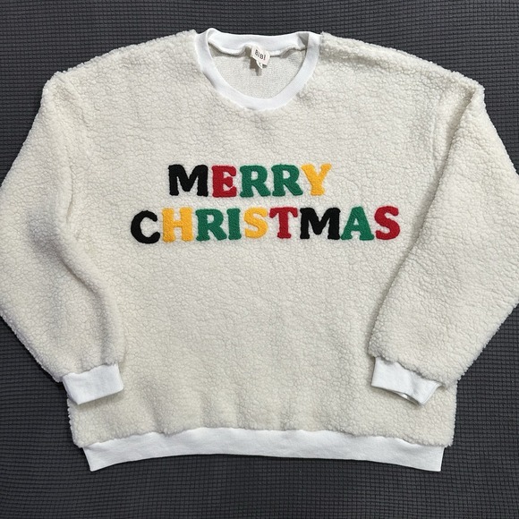 BiBi Sweaters - BIBI Merry Christmas Sherpa Fleece Sweater Ivory Fuzzy Pullover Women's M Cozy